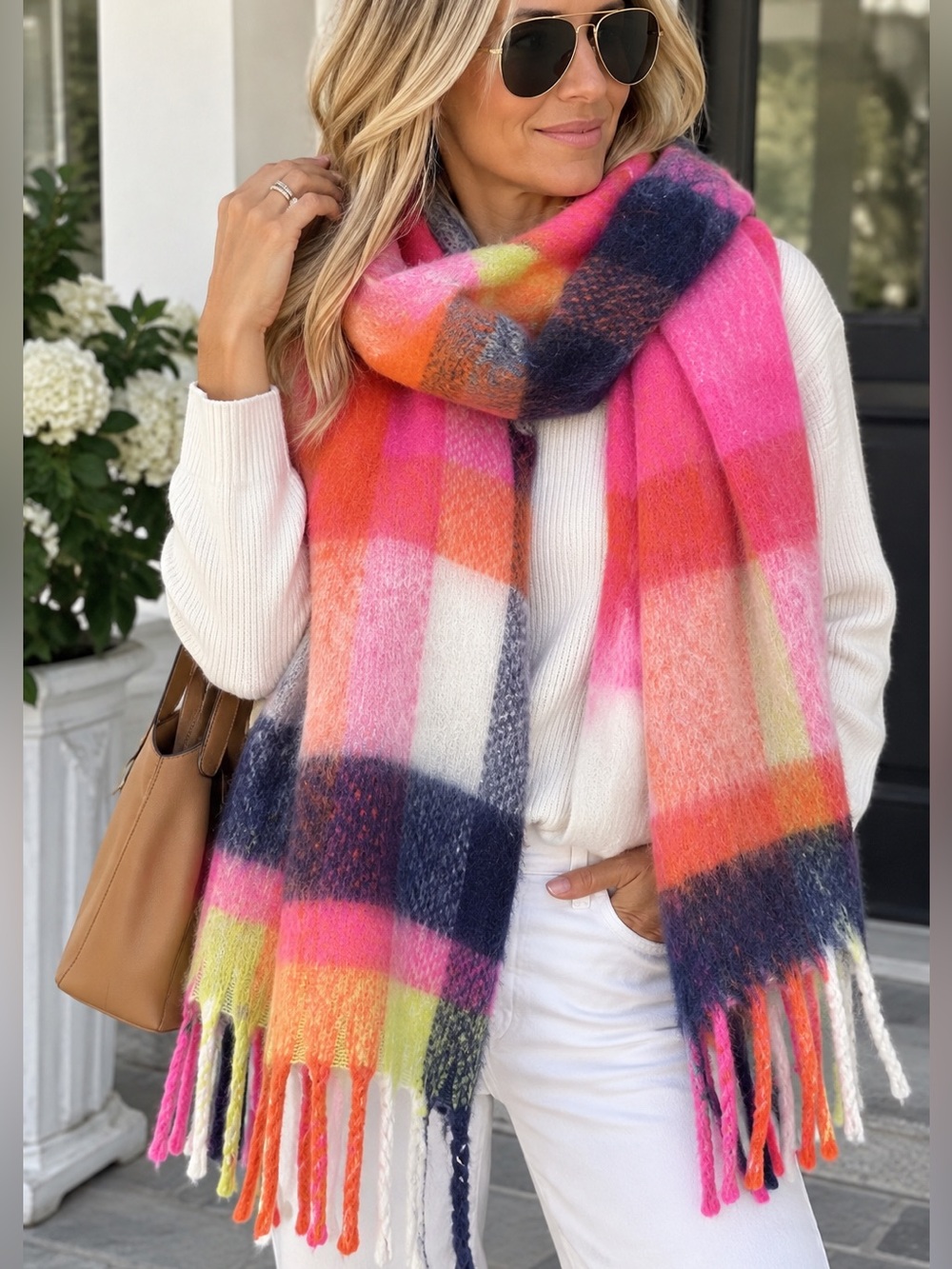 Shiraleah Multicolor Plaid Oversized Fringe Scarf Pink Orange Navy NWT